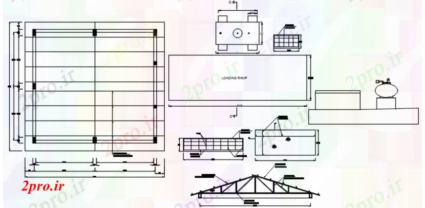 دانلود نقشه طراحی جزئیات ساختار بخش سقف، بارگذاری سطح شیب دار و ساختار جزئیات برای خانه ژنراتور (کد92112)