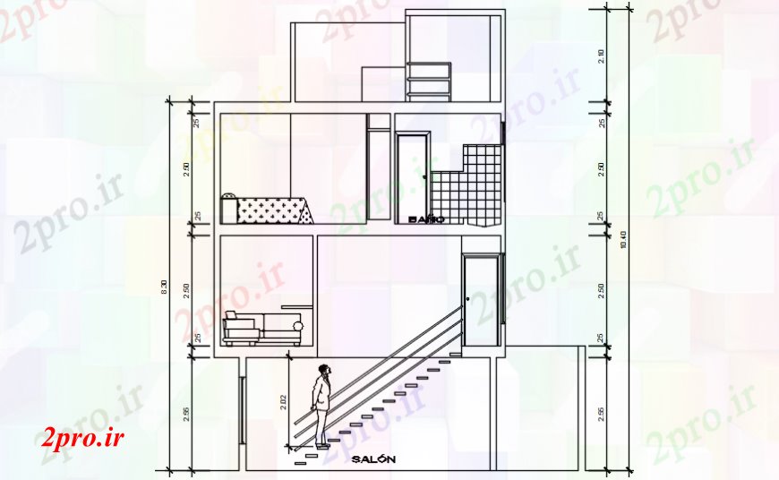 دانلود نقشه مسکونی ، ویلایی ، آپارتمان خانه مسکونی با سالن اصلی بخش 5 در 7 متر (کد92132)