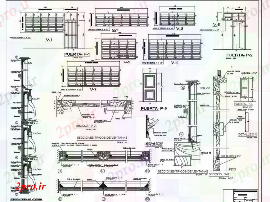 دانلود نقشه جزئیات طراحی در و پنجره درب و چند پنجره نما و نصب و راه اندازی جزئیات برای مدرسه 7 در 15 متر (کد92199)