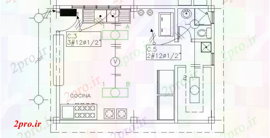 دانلود نقشه آشپزخانه آشپزخانه توزیع مدرسه طرحی های 6 در 8 متر (کد92212)