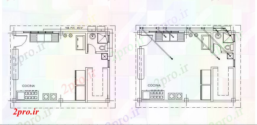 دانلود نقشه آشپزخانه دو خانه طراحی آشپزخانه و مبلمان جزئیات طراحی 6 در 8 متر (کد92224)