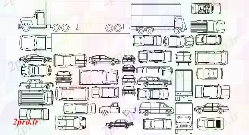 دانلود نقشه بلوک وسایل نقلیه  دو بعدی  رسم از ماشین در تمام انواع تنوع با عرض های متفاوت   خودرو (کد92232)