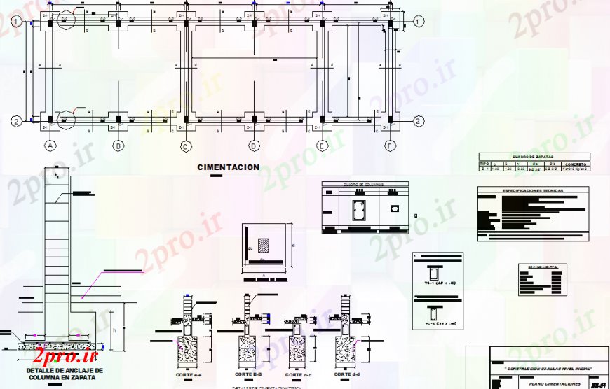 دانلود نقشه طراحی جزئیات ساختار بنیاد طرح، جای پای و ساختار جزئیات از مدرسه اولیه طراحی جزئیات  (کد92246)
