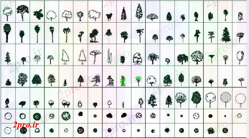 دانلود نقشه درختان و گیاهان درخت های متعدد و نما گیاه طراحی جزئیات برای مدرسه 89 در 130 متر (کد92280)