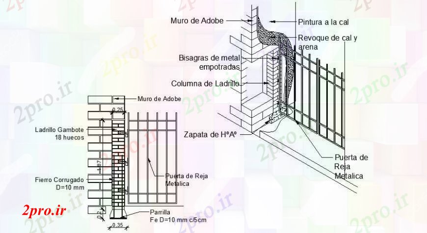 دانلود نقشه جزئیات ساخت و ساز طراحی  دو بعدی  از آجر دیوار و دروازه کبابی     (کد92301)