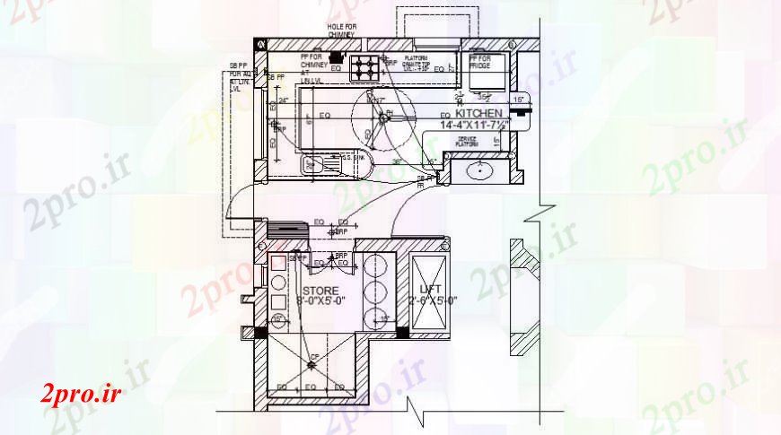 دانلود نقشه آشپزخانه طراحی دو بعدی از بخش آشپزخانه با فروشگاه خودکار 21 در 27 متر (کد92310)