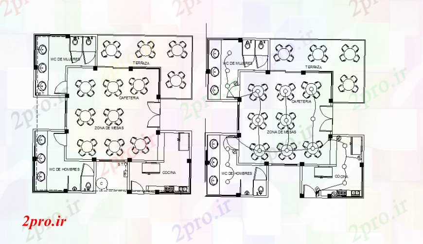 دانلود نقشه هتل - رستوران - اقامتگاه طرحی کافه تریا طرحی رستوران با طراحی های الکتریکی طراحی جزئیات 47 در 50 متر (کد92322)