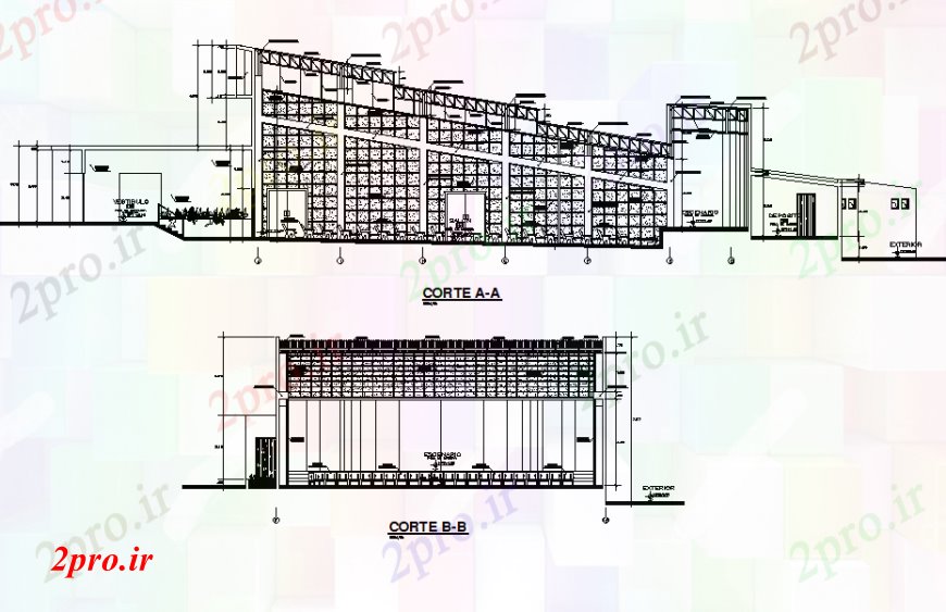 دانلود نقشه تئاتر چند منظوره - سینما - سالن کنفرانس - سالن همایشبخش اصلی سالن سالن و بخش سمت طراحی جزئیات 25 در 42 متر (کد92331)