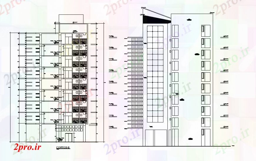 دانلود نقشه مسکونی  ، ویلایی ، آپارتمان  آپارتمان چند خانواده ایجاد نما اصلی و بخش (کد92338)