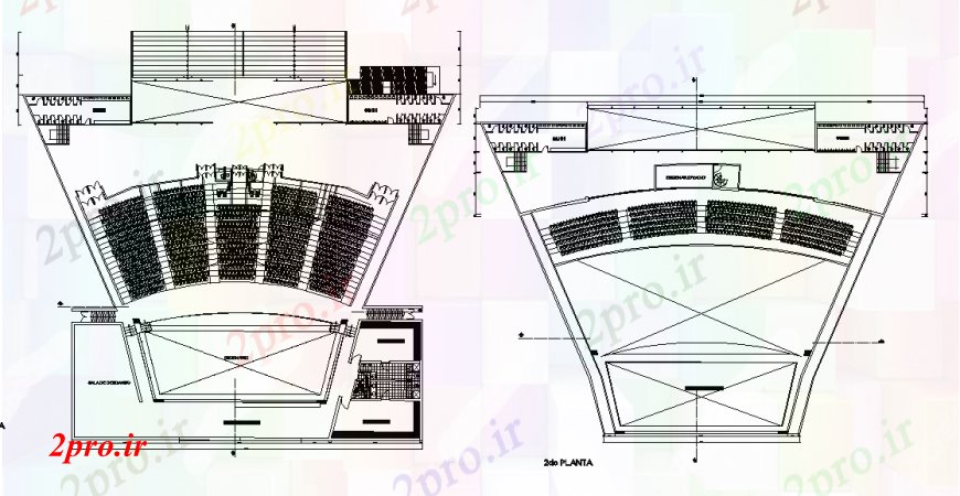 دانلود نقشه تئاتر چند منظوره - سینما - سالن کنفرانس - سالن همایشاول و دوم توزیع کف جزئیات طراحی از تئاتر از پرو 58 در 68 متر (کد92343)