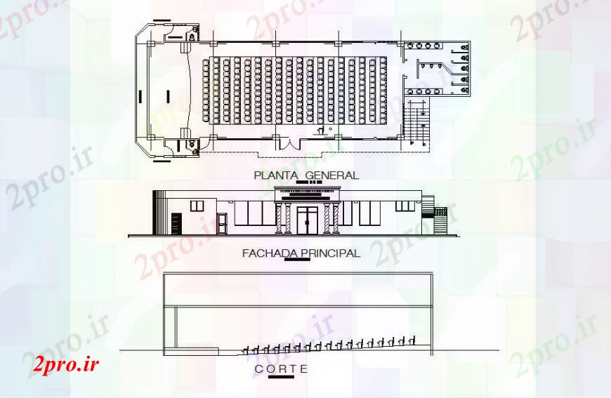 دانلود نقشه تئاتر چند منظوره - سینما - سالن کنفرانس - سالن همایشاصلی نما، بخش و طرحی توزیع جزئیات سالن سالن 12 در 32 متر (کد92354)