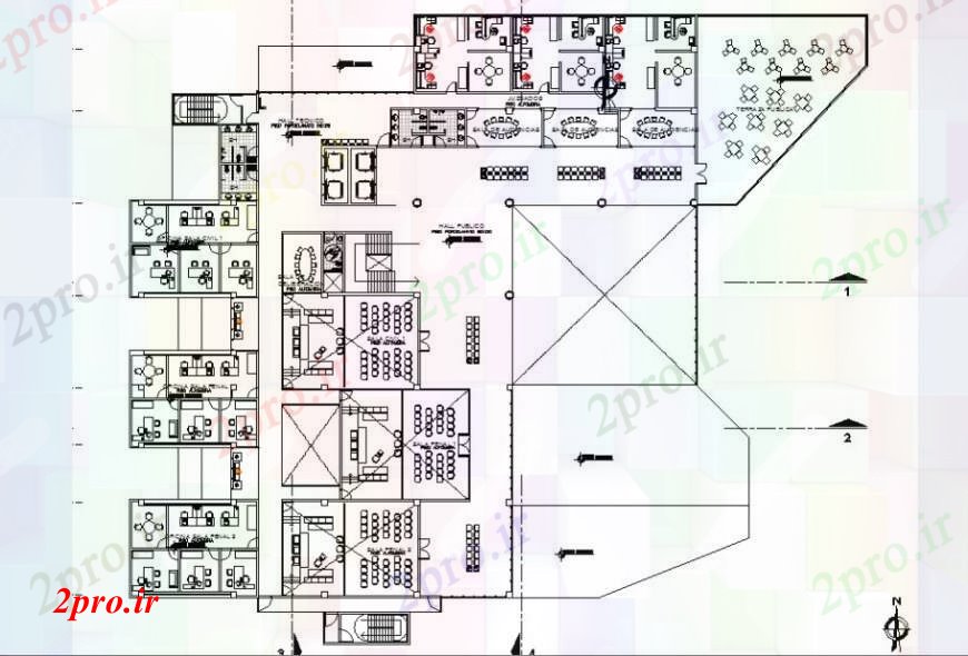 دانلود نقشه ساختمان دولتی ، سازمانی جزئیات طرحی توزیع طبقه دوم دادگاه پرو 60 در 75 متر (کد92366)