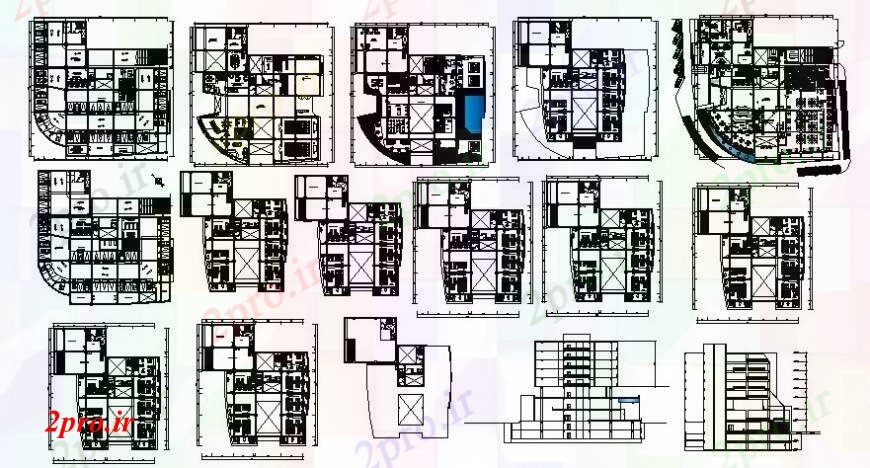 دانلود نقشه هتل - رستوران - اقامتگاه طراحی دو بعدی از هتل نما خودرو 40 در 47 متر (کد92409)