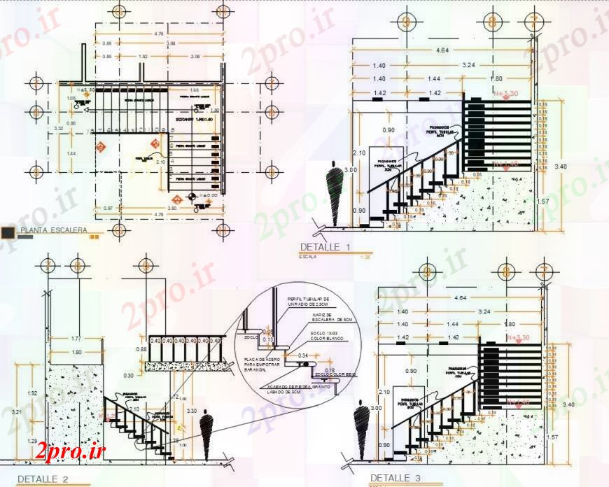 دانلود نقشه جزئیات پله و راه پله دو بعدی رسم از پله برقی نما 2 9 در 13 متر (کد92421)