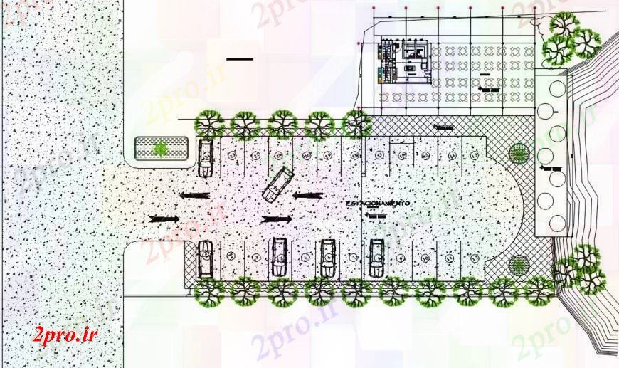 دانلود نقشه هتل - رستوران - اقامتگاه طراحی دو بعدی از پارکینگ اتومبیل با باغ خودکار 10 در 20 متر (کد92422)