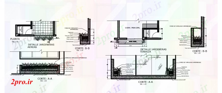 دانلود نقشه جزئیات ساخت و ساز طراحی دو بعدی از Jardines جزئیات خودرو 20 در 24 متر (کد92474)