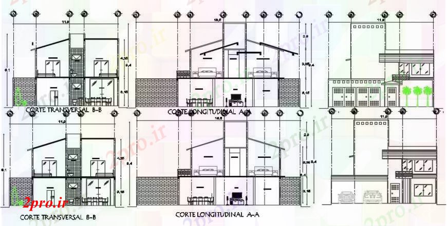 دانلود نقشه مسکونی ، ویلایی ، آپارتمان مقطعی و نما خانه اتوکد 9 در 11 متر (کد92523)