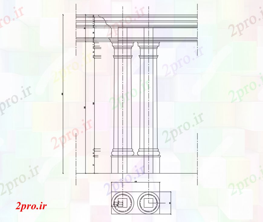 دانلود نقشه جزئیات ستون طراحی  دو بعدی  از ستون دیوار معبد   خودرو (کد92647)