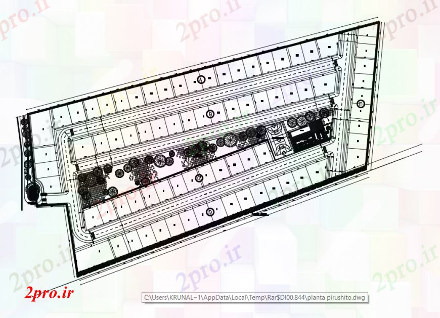 دانلود نقشه ساختمان دولتی ، سازمانی طراحی دو بعدی از نمای بالای طرحی های شهری خودرو 12 در 17 متر (کد92656)