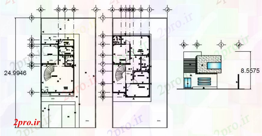 دانلود نقشه ساختمان اداری - تجاری - صنعتی دفتر دو دان اصلی نما و طرحی طبقه 8 در 13 متر (کد92785)