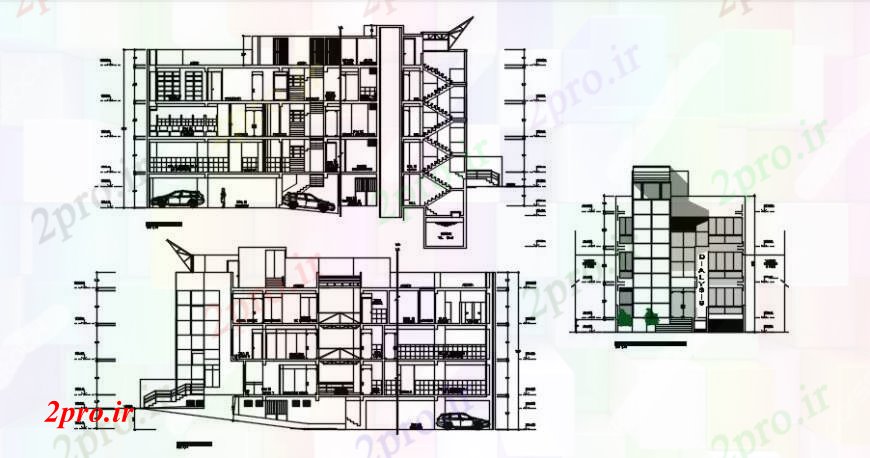 دانلود نقشه هتل - رستوران - اقامتگاه نما و جزئیات مقطعی از هتل ساخت 11 در 30 متر (کد92804)