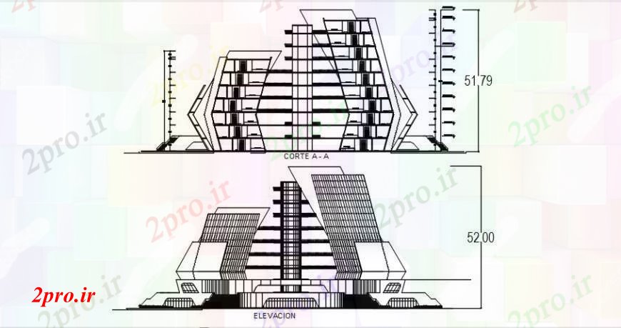 دانلود نقشه ساختمان اداری - تجاری - صنعتی نما اصلی و بخش طراحی جزئیات از چند طبقه مرکز دفتر مدنی 19 در 39 متر (کد92807)