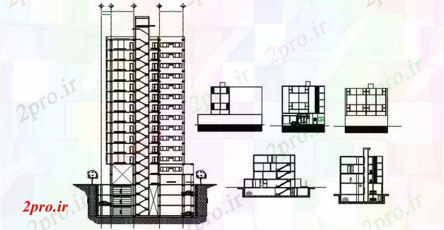 دانلود نقشه ساختمان اداری - تجاری - صنعتی نما ساختمان بلند تعاونی و بخش طراحی جزئیات  (کد92817)