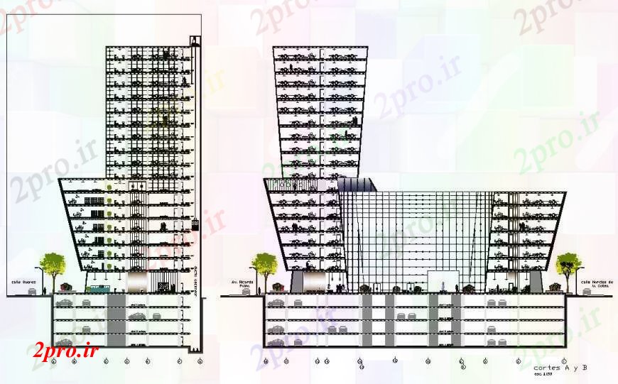 دانلود نقشه ساختمان مرتفعدفتر بلند ساخت بخش اصلی و پشت با چند طبقه پارکینگ 68 در 73 متر (کد92828)