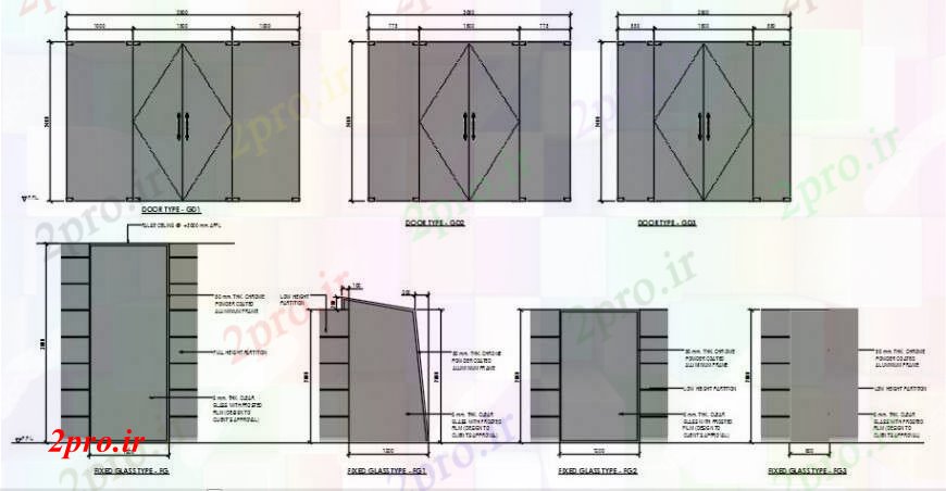 دانلود نقشه جزئیات طراحی در و پنجره چوب دفتر متعدد و درب شیشه ای بلوک نما 3 در 5 متر (کد92842)