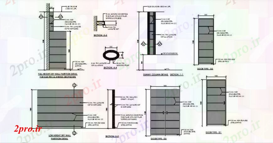 دانلود نقشه جزئیات طراحی در و پنجره درب با دیوار خشک نما قانون، پارتیشن درب و نصب و راه اندازی درب جزئیات 3 در 5 متر (کد92843)