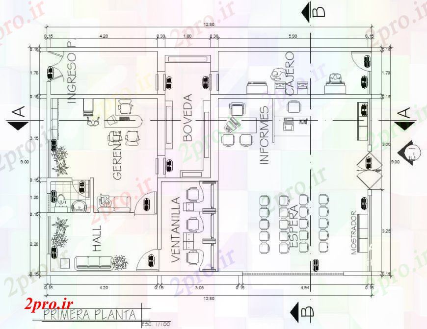 دانلود نقشه ساختمان اداری - تجاری - صنعتی آژانس بانک طرحی طبقه اول با مبلمان 9 در 13 متر (کد92855)