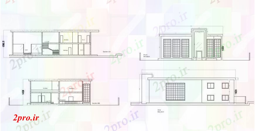 دانلود نقشه ساختمان اداری - تجاری - صنعتی جلو و عقب نما و بخش جزئیات بانک های اداری 28 در 46 متر (کد92868)