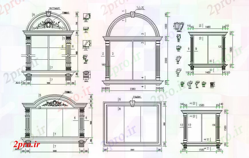 دانلود نقشه جزئیات طراحی در و پنجره  چند کلاسیک دو بعدی  پنجره های قدرت نما  (کد92873)