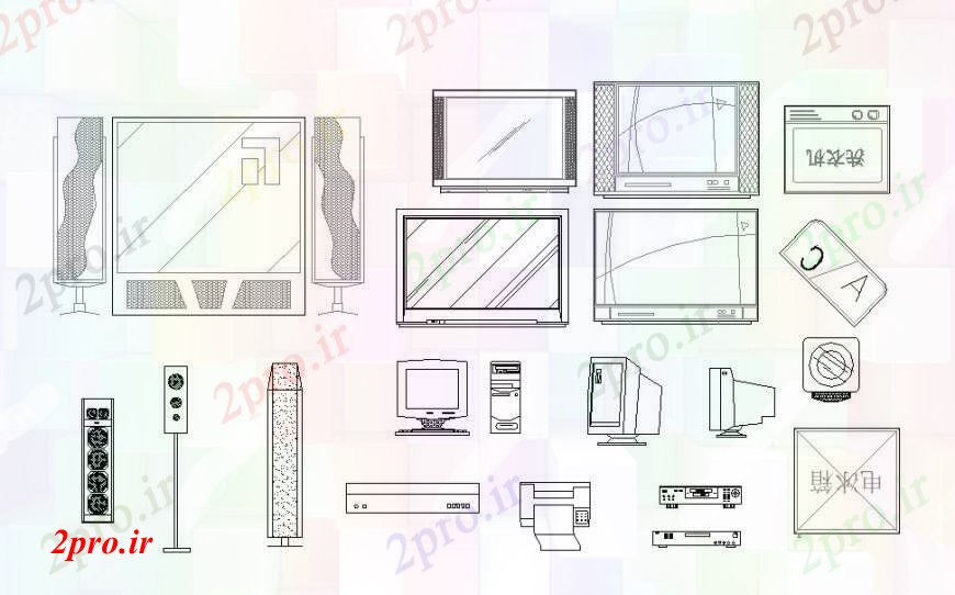 دانلود نقشه بلوک ، آرام ، نماد مخلوط های متعدد لوازم الکتریکی و بلوک نما طراحی جزئیات  (کد92883)