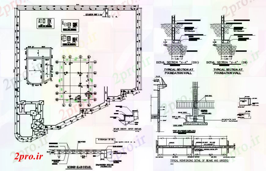 دانلود نقشه طراحی جزئیات ساختار طرحی بنیاد، شالوده و جزئیات ساختار برای ویلای مسکونی (کد92916)