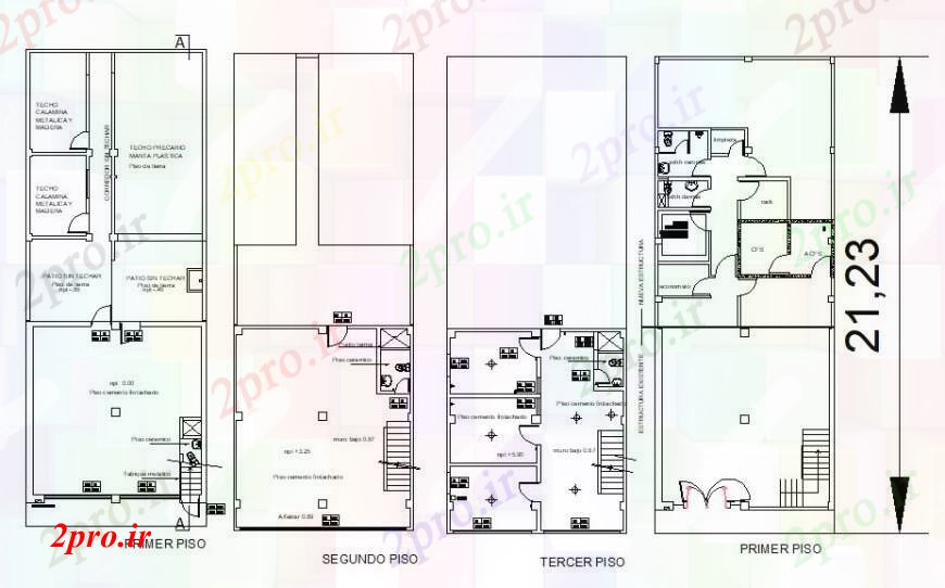 دانلود نقشه مسکونی ، ویلایی ، آپارتمان ویلای مسکونی سه طبقه توزیع طرحی های 8 در 21 متر (کد92932)