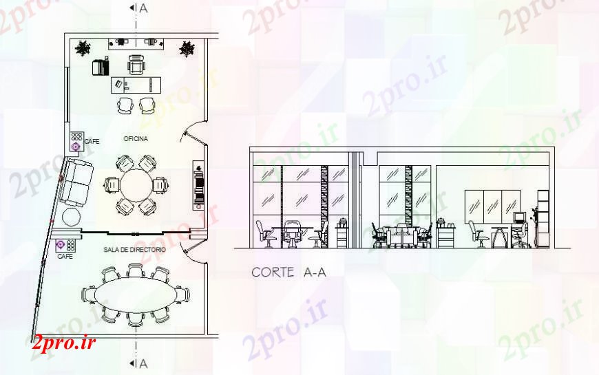 دانلود نقشه ساختمان اداری - تجاری - صنعتی بخش کوچک دفتر اصلی و طرحی با مبلمان 7 در 11 متر (کد92957)