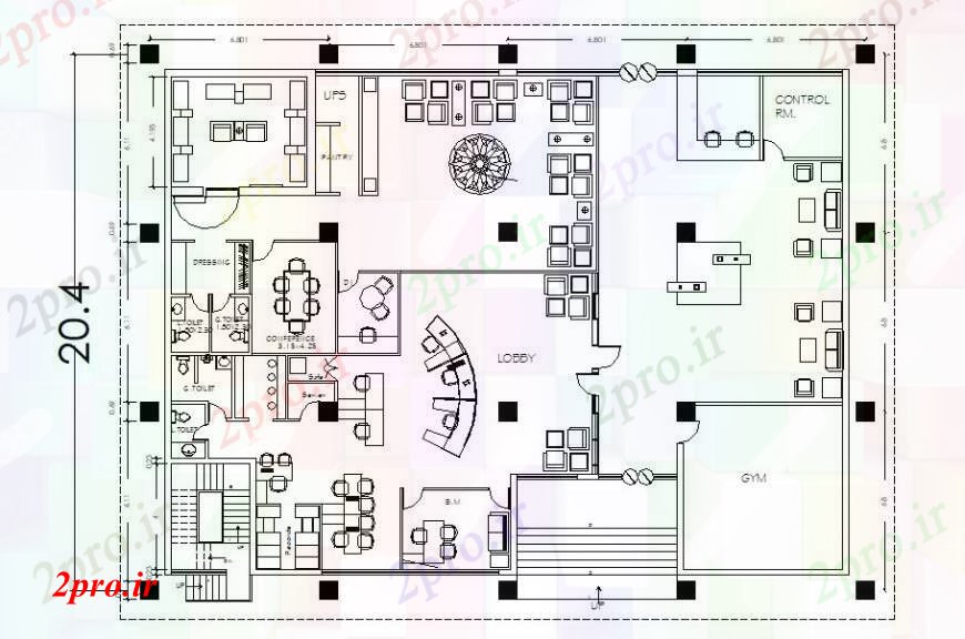 دانلود نقشه ساختمان اداری - تجاری - صنعتی طرحی توزیع دفتر بانک خصوصی با مبلمان 20 در 27 متر (کد92965)