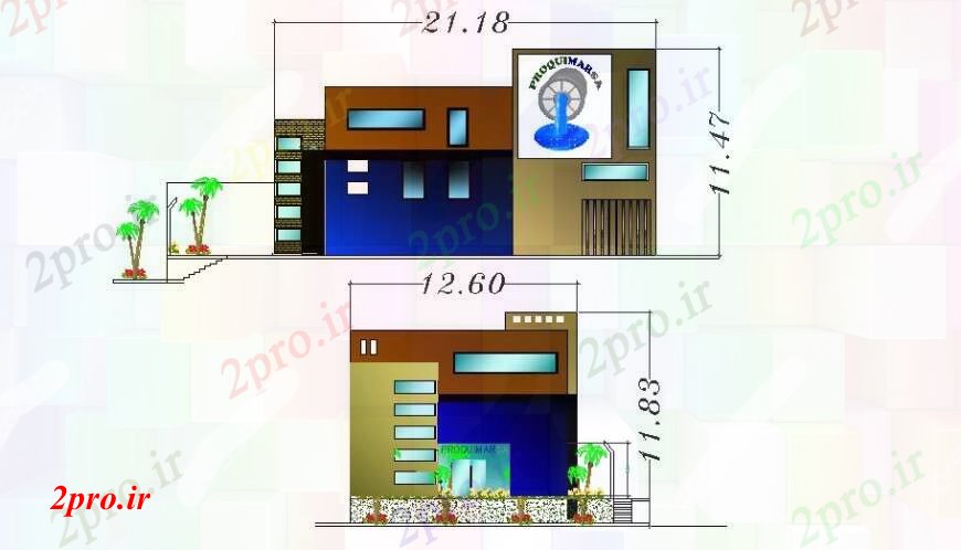 دانلود نقشه ساختمان اداری - تجاری - صنعتی اصلی و جزئیات نما پشت دفتر محلی ساخت 14 در 21 متر (کد92968)