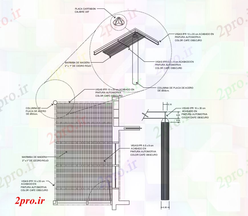 دانلود نقشه جزئیات ساخت و ساز طراحی  دو بعدی  از تراس پشت بام   خودرو (کد92977)