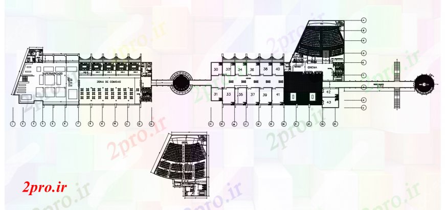 دانلود نقشه معماری معروف طراحی دو بعدی از Aero مرکز کف اتوکد 31 در 104 متر (کد93009)