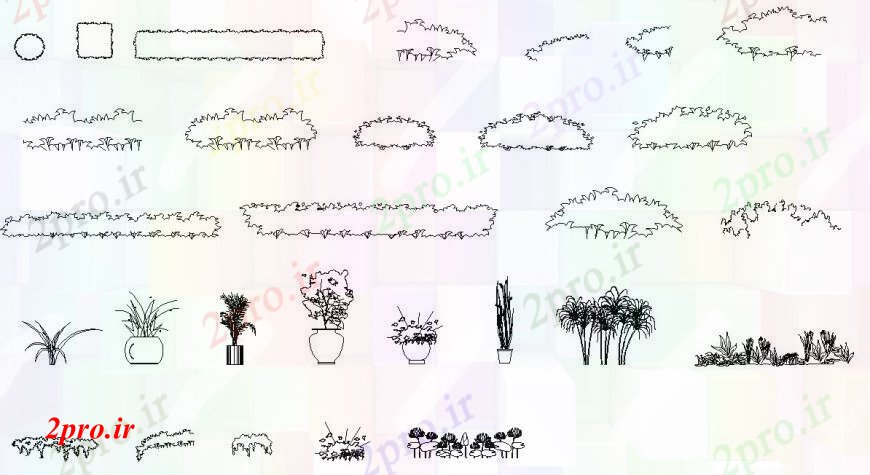 دانلود نقشه درختان و گیاهان نهال های متعدد و srugs دو بعدی  نما بلوک طراحی جزئیات  (کد93014)