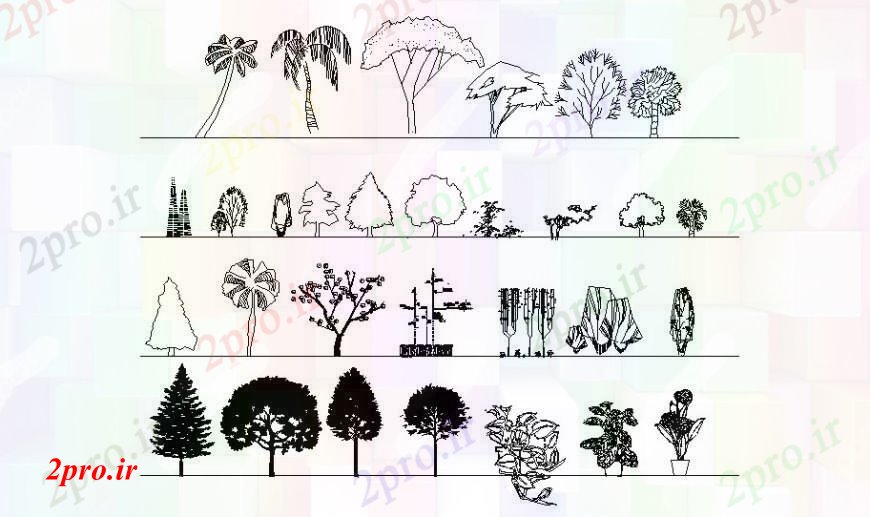 دانلود نقشه درختان و گیاهان باغ  تزئینی درخت دو بعدی  بلوک نما  (کد93021)