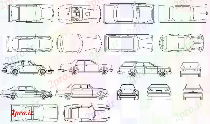 دانلود نقشه بلوک وسایل نقلیه اتومبیل های متعدد خانواده دو بعدی  نما بلوک  (کد93026)