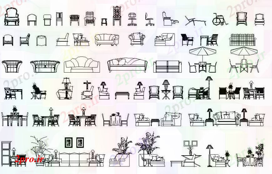 دانلود نقشه طراحی و مبلمان اتاقخلاق مجموعه مبل متعدد، صندلی و نشیمن مبلمان اتاق نشیمن جزئیات  (کد93027)