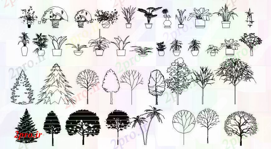 دانلود نقشه درختان و گیاهان چند درخت و درخت گیاه تزئینی با بلوک های نما گلدان طراحی جزئیات  (کد93028)