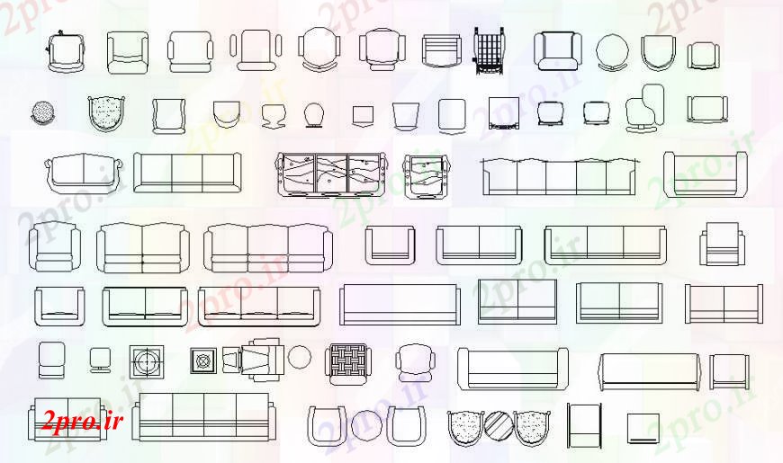 دانلود نقشه طراحی و مبلمان اتاقمجموعه مبل های متعدد و نما صندلی بلوک دو بعدی  طراحی جزئیات  (کد93034)