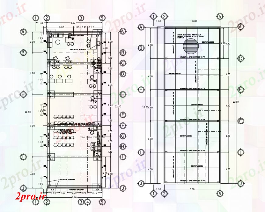 دانلود نقشه جزئیات و طراحی داخلی دفتر طراحی دو بعدی از دفتر خودکار ساختاری 8 در 23 متر (کد93046)