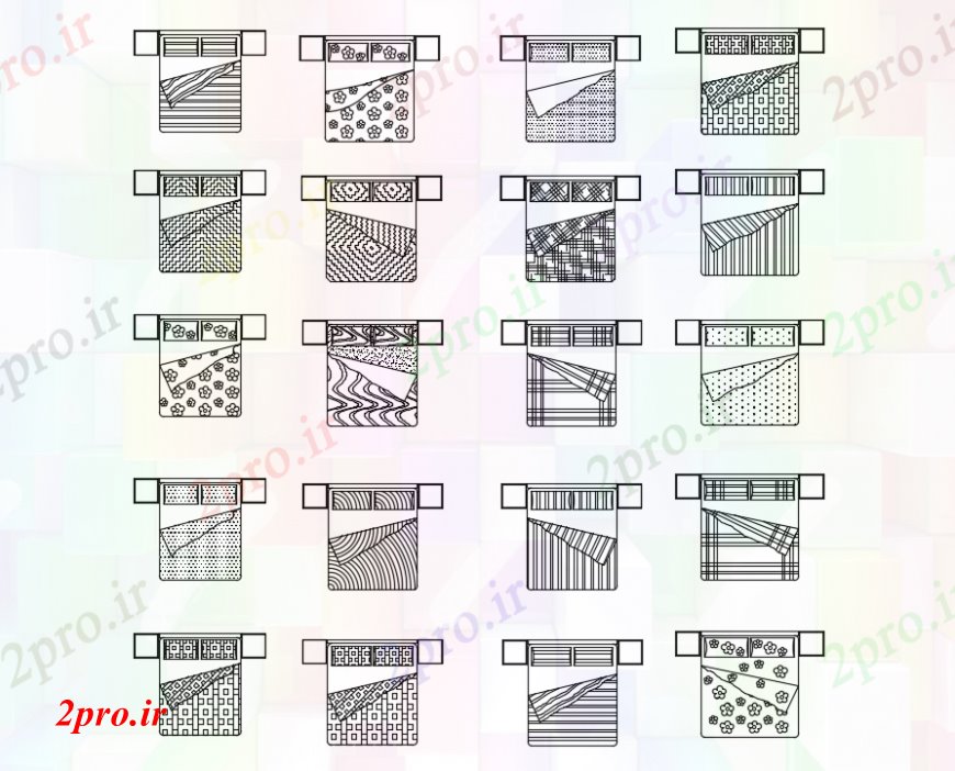 دانلود نقشه بلوک مبلمان جزئیات  طراحی های تخت خواب دو نفره 2 (کد93094)