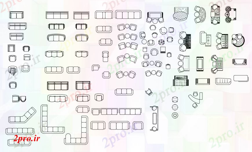 دانلود نقشه بلوک مبلمان جزئیات  طراحی های نشسته مبل نفره (کد93103)